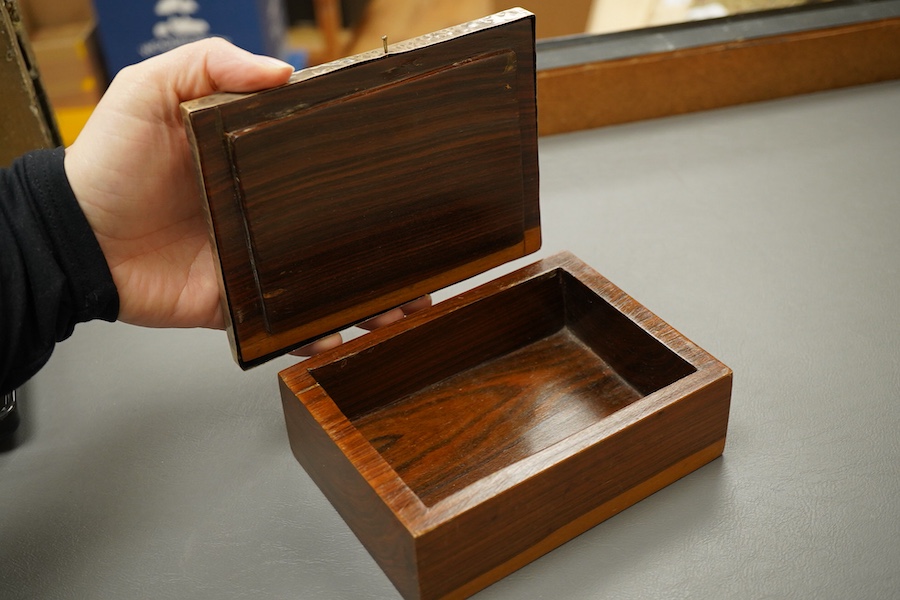 A silver mounted Peruvian box with enclosed Inca textile fragment, 15 x 11.5cm